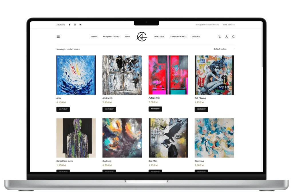 Mockup cu website-ul realizat de madalinfeher.ro, AbstractCollective - Magazin Online pentru vânzare tablouri pictate manual, artă.