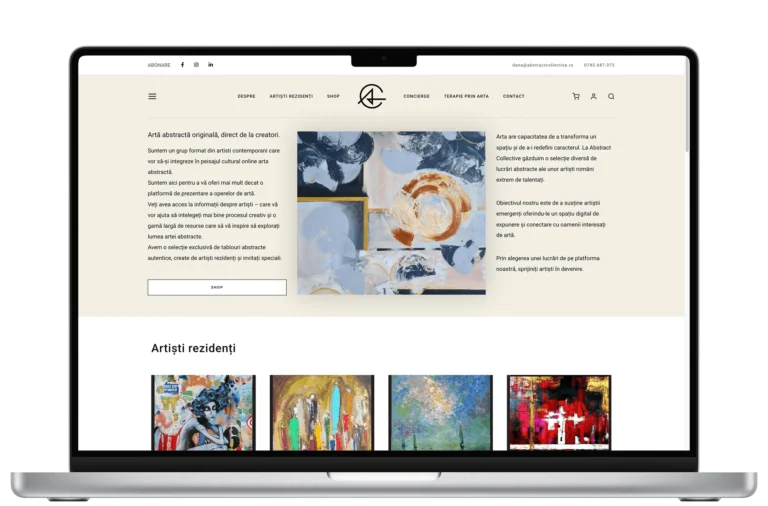 Mockup cu website-ul realizat de madalinfeher.ro, AbstractCollective - Magazin Online pentru vânzare tablouri pictate manual, artă.