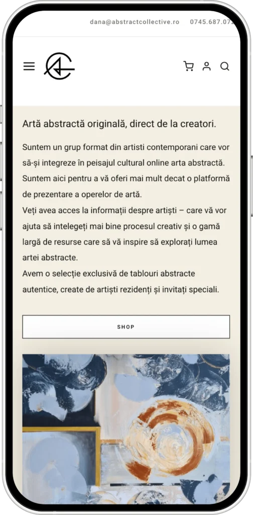 Mockup cu website-ul realizat de madalinfeher.ro, AbstractCollective - Magazin Online pentru vânzare tablouri pictate manual, artă.