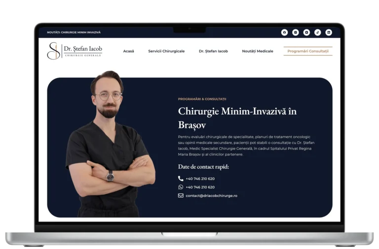 Mockup MacBook afișând pagina de pornire a platformei medicale Dr. Ștefan Iacob - Chirurgie Generală