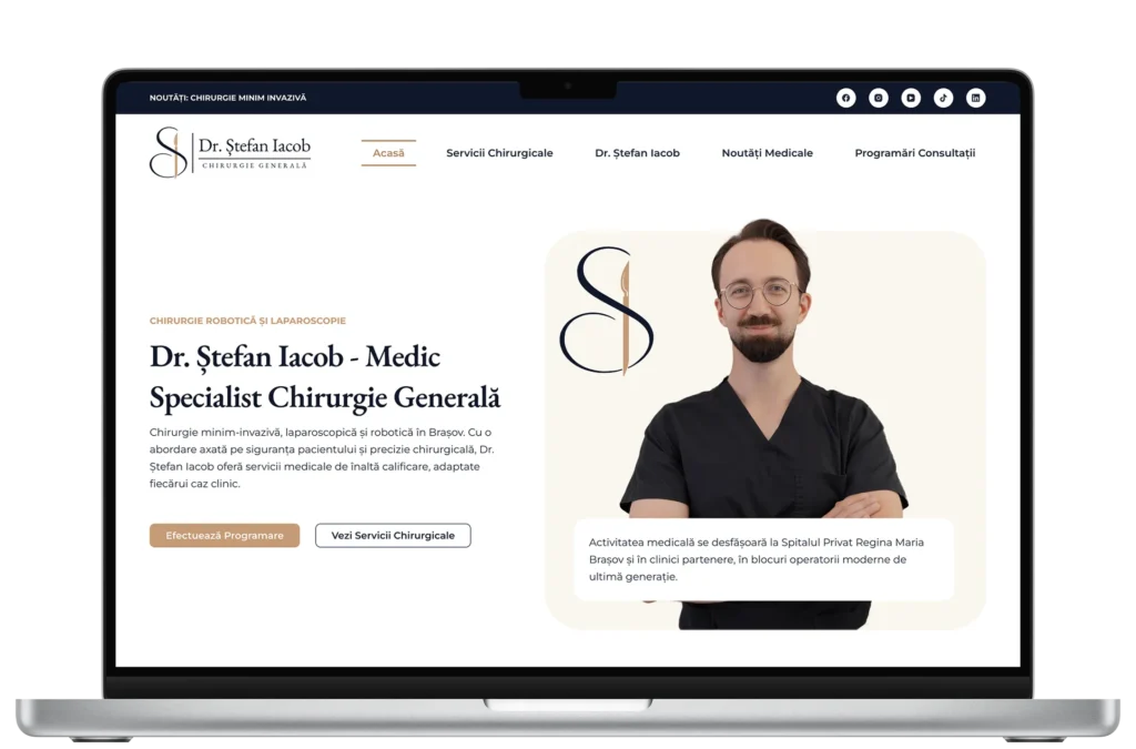 Mockup MacBook afișând pagina de pornire a platformei medicale Dr. Ștefan Iacob - Chirurgie Generală